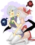  blue_eyes braid chin_grab fang garter_straps grey_hair hat heart izayoi_sakuya kneeling maid multiple_girls naughty_face neichiru oekaki open_mouth red_eyes remilia_scarlet ribbon short_hair thighhighs touhou wings yuri 