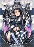  argyle argyle_legwear bare_shoulders black_gloves black_hair brown_eyes copyright_request crown elbow_gloves fantasy gloves katana long_hair looking_at_viewer navel sheath sheathed shishizaru sitting solo stomach sword thighhighs thighs throne weapon 