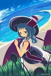  bare_shoulders beach blue_eyes blue_hair blue_sky cloud day dress from_behind grass hat looking_at_viewer looking_back original outdoors plant sand sango_(53box) shore sky solo sun_hat water white_dress 
