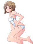  armpits barefoot blush breasts butt_crack covered_nipples feet hagiwara_yukiho idolmaster idolmaster_(classic) idolmaster_1 kneeling looking_back simple_background small_breasts soles solo strap_slip sweatdrop swimsuit tadano_akira 