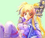  bardiche blonde_hair cape coat english fate_testarossa long_hair lyrical_nanoha magical_girl mahou_shoujo_lyrical_nanoha_strikers main red_eyes solo thighhighs twintails 