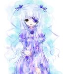  :d barasuishou cowboy_shot dress flower_eyepatch juliet_sleeves long_sleeves looking_at_viewer open_mouth puffy_sleeves purple_dress rozen_maiden silver_hair simple_background smile solo standing twintails usamisan white_background yellow_eyes 