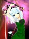  blue_eyes blue_hair katana konpaku_youmu kurobane_(nagarutuki) ribbon short_hair solo sword touhou weapon 
