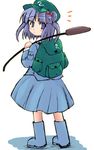  backpack bag blue_eyes blue_hair blush boots cattail crown_(artist) full_body hair_bobbles hair_ornament hat kawashiro_nitori looking_back plant rubber_boots simple_background skirt solo standing touhou two_side_up 