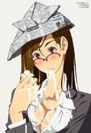  bad_id bad_pixiv_id blush breasts brown_eyes brown_hair cleavage copyright_request food gapper glasses ice_cream kodomo_no_hi large_breasts long_hair melting newspaper paper_hat paper_kabuto sexually_suggestive solo zongzi 