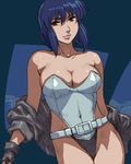  belt blue_hair breasts cleavage fingerless_gloves ghost_in_the_shell ghost_in_the_shell_stand_alone_complex gloves highleg highleg_leotard jacket kusanagi_motoko large_breasts leotard lowres matoyama oekaki off_shoulder red_eyes smile solo 
