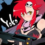  bare_shoulders bikini_top black_gloves breasts brown_eyes character_name cleavage elbow_gloves fingerless_gloves gloves gun gun_zi_(i&amp;eyes) gurren-lagann hair_ornament holding holding_weapon large_breasts lowres ponytail red_hair rifle sidelocks skull_hair_ornament sniper_rifle tengen_toppa_gurren_lagann upper_body weapon yoko_littner 