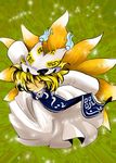  3105 blonde_hair evil_smile fox_tail hat long_sleeves looking_at_viewer mob_cap pillow_hat shaded_face short_hair smile solo tabard tail tassel touhou wide_sleeves yakumo_ran 