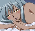  bangs bed_sheet blue_background breasts brown_eyes cleavage close-up closed_mouth code_geass lips long_hair looking_at_viewer lowres lying medium_breasts nude on_side purple_lips shiny shiny_skin silver_hair simple_background sinko smile solo upper_body villetta_nu 