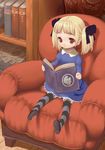  alice_(odin_sphere) blonde_hair blue_dress book book_focus bookshelf child dress figo full_body hair_ribbon holding holding_book indoors long_sleeves odin_sphere open_book pantyhose reading red_eyes ribbon shelf sitting solo striped twintails 