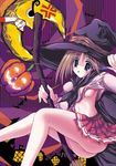  akizuki_akina bat between_legs blue_eyes breasts broom broom_riding brown_hair cape hair_ornament halloween hat jack-o'-lantern komaki_manaka medium_breasts midriff moon navel no_bra no_panties pumpkin school_uniform serafuku short_hair solo to_heart_2 underboob witch_hat 