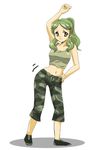  arm_up bare_shoulders camouflage camouflage_pants collarbone hand_on_hip kimidori_emiri looking_at_viewer midriff motion_lines navel pants simple_background sinko sleeveless solo standing stomach suzumiya_haruhi_no_yuuutsu tank_top white_background 