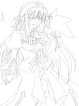  cowboy_shot directional_arrow dress frilled_sleeves frills greyscale hairband lineart lolita_hairband long_hair long_sleeves looking_at_viewer monochrome ribi rozen_maiden simple_background solo suigintou white_background wings 