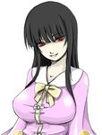  :d alternate_breast_size bangs black_hair blunt_bangs bow bowtie breasts capelet face ginji_(sakaki_summer) grin head_tilt hime_cut houraisan_kaguya large_breasts lips long_hair looking_at_viewer open_mouth pale_skin red_eyes shiny shiny_clothes simple_background smile solo touhou upper_body v-shaped_eyebrows white_background 