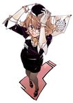  ascot blonde_hair brown_eyes copyright_request flag from_above furudori_yayoi glasses hat pantyhose pencil_skirt skirt smile solo standing stewardess uniform 