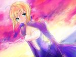  ahoge artoria_pendragon_(all) backlighting blonde_hair blue_dress cleavage_cutout collarbone dress dutch_angle fate/stay_night fate_(series) green_eyes juliet_sleeves long_sleeves looking_at_viewer osamu puffy_sleeves saber smile solo 