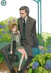  1girl bob_cut bullpup chelsea_fc fakepucco flower formal garden gun gunslinger_girl henrietta_(gunslinger_girl) hydrangea jose_mourinho namesake necktie p90 premier_league submachine_gun suit weapon 