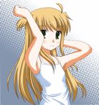  ahoge arisa_bannings armpits bare_shoulders blonde_hair closed_mouth collarbone detached_sleeves eyebrows_visible_through_hair green_eyes long_hair looking_at_viewer lyrical_nanoha mahou_shoujo_lyrical_nanoha odayan smile solo very_long_hair 