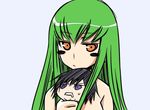  1girl artist_request bangs black_hair c.c. chibi code_geass expressionless green_hair holding jitome lelouch_lamperouge miniboy orange_eyes simple_background size_difference strangling sweat upper_body white_background 