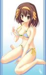  :3 adjusting_clothes adjusting_swimsuit barefoot bikini blush breasts brown_hair hair_ribbon medium_breasts ribbon short_hair side-tie_bikini sitting solo striped striped_swimsuit suzumiya_haruhi suzumiya_haruhi_no_yuuutsu swimsuit uehiro wariza 