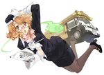  ascot blonde_hair brown_eyes bus copyright_request flag furudori_yayoi glasses gloves ground_vehicle hand_on_headwear hat high_heels motor_vehicle open_mouth pantyhose pencil_skirt shoes skirt solo stewardess uniform 