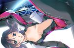  blue_eyes breasts brown_hair copyright_request covered_nipples drink large_breasts naruse_yuji open_clothes open_shirt planet shirt solo space zero_gravity 
