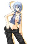  ahoge blue_eyes blue_hair breasts cleavage collar cropped_jacket huge_ahoge large_breasts ment navel no_bra original pants short_hair solo undressing unzipped 