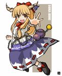  bangs belt blonde_hair blunt_bangs blush bow chain character_name fang gourd grin hana_(hana_mo_arashi_mo) hime_cut horn_ribbon horns ibuki_suika long_hair looking_at_viewer ofuda outstretched_arm ribbon shirt shoes skirt sleeveless sleeveless_shirt smile solo touhou 