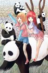  animal arm_up bear blonde_hair flock full_body index_finger_raised looking_at_viewer multiple_girls multiple_riders original panda pink_legwear red_hair red_skirt riding short_hair sitting skirt spread_legs straddling thighhighs tomihero upright_straddle zettai_ryouiki 