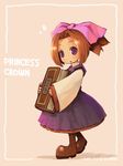  book boots bow brown_hair character_request copyright_name dated hair_bow pink_bow princess_crown purple_eyes sepia_background shigatake solo 