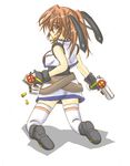  bullet_in_mouth casing_ejection cross_mirage dual_wielding from_behind gloves gun holding lyrical_nanoha magical_girl mahou_shoujo_lyrical_nanoha_strikers shell_casing solo teana_lanster thighhighs twintails weapon zero_point 