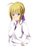 ahoge artoria_pendragon_(all) blonde_hair blouse fate/stay_night fate_(series) green_eyes hand_on_hip higata_akatsuki saber simple_background solo 