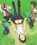  2boys black_hair brown_eyes hanging horizontal_bar konno_makoto mamiya_chiaki midriff multiple_boys negy pole shoes short_hair single_shoe socks toki_wo_kakeru_shoujo tsuda_kousuke upside-down 