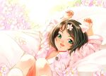  animal_ears arms_up blush brown_hair cat_ears flower green_eyes maimu open_mouth original pajamas short_hair solo 