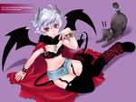  arm_support bat_wings black_legwear cape cat demon_girl demon_horns demon_tail demon_wings denim denim_shorts dog_tags earrings finger_to_mouth garter_straps horns jewelry loose_socks mattaku_mousuke nail_polish navel original plaid plaid_legwear pointy_ears purple_background red_cape red_eyes red_legwear red_nails ring short_hair short_shorts shorts silver_hair sitting solo tail tail_ring thighhighs wings wrist_cuffs 