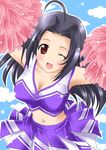  ;d ahoge black_hair blush breasts cheerleader cleavage crop_top idolmaster idolmaster_(classic) idolmaster_1 itsuki_sayaka large_breasts leaning_forward long_hair midriff miura_azusa navel one_eye_closed open_mouth pom_poms red_eyes smile solo 