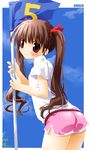  bow brown_eyes brown_hair dated flag gym_uniform hair_bow leaning_forward long_hair looking_back noto_(soranoto) original shorts solo sweatdrop twintails 