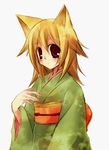  animal_ears hand_on_own_chest japanese_clothes kimono long_sleeves looking_at_viewer obi original red_eyes sash short_hair simple_background solo suzushiro_kurumi white_background 