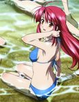  :d absurdres adjusting_hair ahoge armpits back bangs barefoot beach bikini butt_crack comp_h's feet from_behind hands_on_feet highres kannagi_ayano kaze_no_stigma long_hair looking_back official_art open_mouth orange_eyes outdoors parted_bangs red_hair scan shiny shiny_hair shiny_skin sitting smile soles solo sparkle submerged swimsuit water yamakawa_kouji 