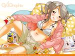  bra brown_hair food gagraphic hood hooded_jacket inuburo jacket licking_lips lingerie lying magazine midriff open_clothes open_jacket pillow shorts solo tongue tongue_out twintails underwear wallpaper 