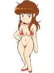  1girl 80s bikini breasts brown_hair bubblegum_crisis chibi cleavage darm_engine high_heels large_breasts long_hair micro_bikini oldschool priscilla_asagiri red_bikini red_eyes solo swimsuit 