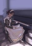  amano_takumi folded_ponytail highres holding instrument looking_down maid mary_janes original paper piano profile shoes sitting smile solo upright_piano 