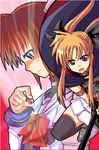  arm_belt bardiche belt blonde_hair cape fate_testarossa fingerless_gloves gloves kurosho lyrical_nanoha magical_girl mahou_shoujo_lyrical_nanoha multiple_girls raising_heart takamachi_nanoha thighhighs twintails 