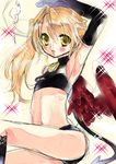  akuta_rinko arm_up armpits black_gloves blonde_hair blush cable copyright_request elbow_gloves gloves long_hair looking_at_viewer revealing_clothes side_ponytail solo sparkle thighs yellow_eyes 