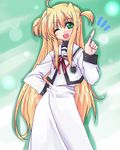  1girl ;d ahoge arisa_bannings blush capelet contrapposto ichino index_finger_raised long_hair long_sleeves looking_at_viewer lowres lyrical_nanoha mahou_shoujo_lyrical_nanoha one_eye_closed open_mouth purple_eyes red_ribbon ribbon school_uniform seishou_elementary_school_uniform sidelocks smile solo standing two_side_up 