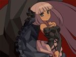  4224 bangs between_breasts black_dress blue_eyes blunt_bangs breasts detached_sleeves dress gwendolyn hand_on_own_chest large_breasts long_hair long_sleeves looking_at_viewer odin_sphere red_background silver_hair simple_background skin_tight solo strapless strapless_dress very_long_hair 