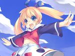  :d blonde_hair blue_eyes blue_sky cloud day fushigi_mahou_fun_fun_pharmacy long_sleeves looking_at_viewer mikage_sekizai navel open_mouth outstretched_arms popuri_(fushigi_mahou_fun_fun_pharmacy) skirt sky smile solo spread_arms stomach twintails white_skirt 