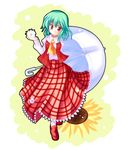  ascot blush flower green_hair kazami_yuuka light_smile moru_pomu_po parasol plaid plaid_skirt plaid_vest red_eyes short_hair skirt solo sunflower touhou umbrella vest 