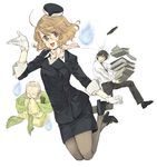  2girls ascot blonde_hair book book_stack brown_eyes carrying copyright_request furudori_yayoi glasses holding holding_book multiple_girls pantyhose pencil_skirt skirt stewardess uniform 