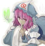  arm_garter fan hat japanese_clothes kimono long_sleeves lying mob_cap obi on_stomach pink_eyes pink_hair saigyouji_yuyuko sash shikai_(iesiki_56) simple_background sketch solo touhou triangular_headpiece wide_sleeves 